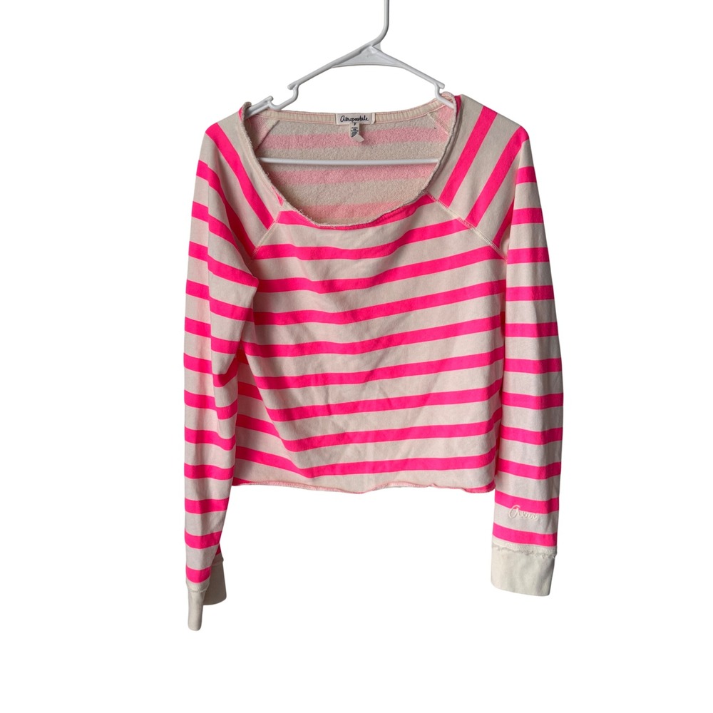 Aeropostale Womens Neon Pink Striped Cropped Raglan Sweatshirt Small